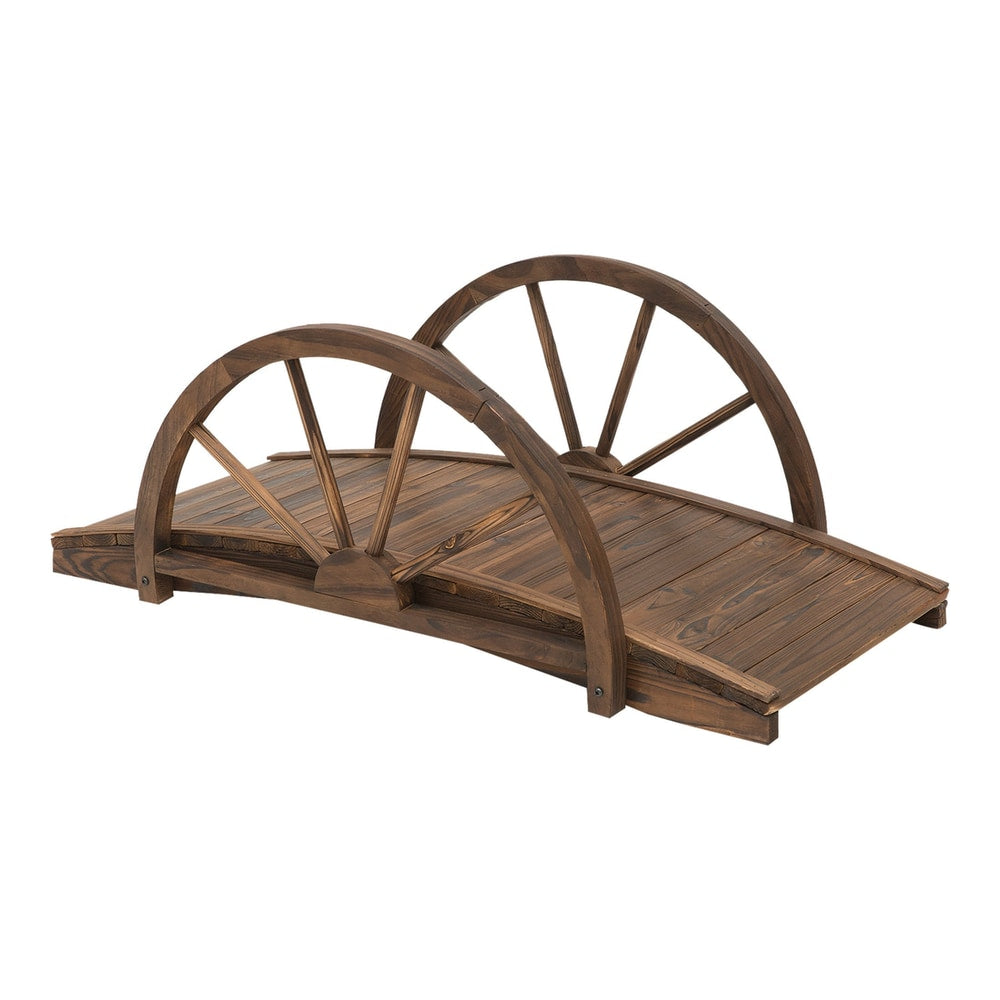 Outsunny Wooden Garden Bridge Lawn Decor Stained Finish Arc Outdoor Pond Walkway Yard Decoration with half-wheeled railings