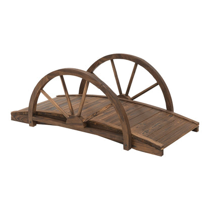Outsunny Wooden Garden Bridge Lawn Decor Stained Finish Arc Outdoor Pond Walkway Yard Decoration with half-wheeled railings