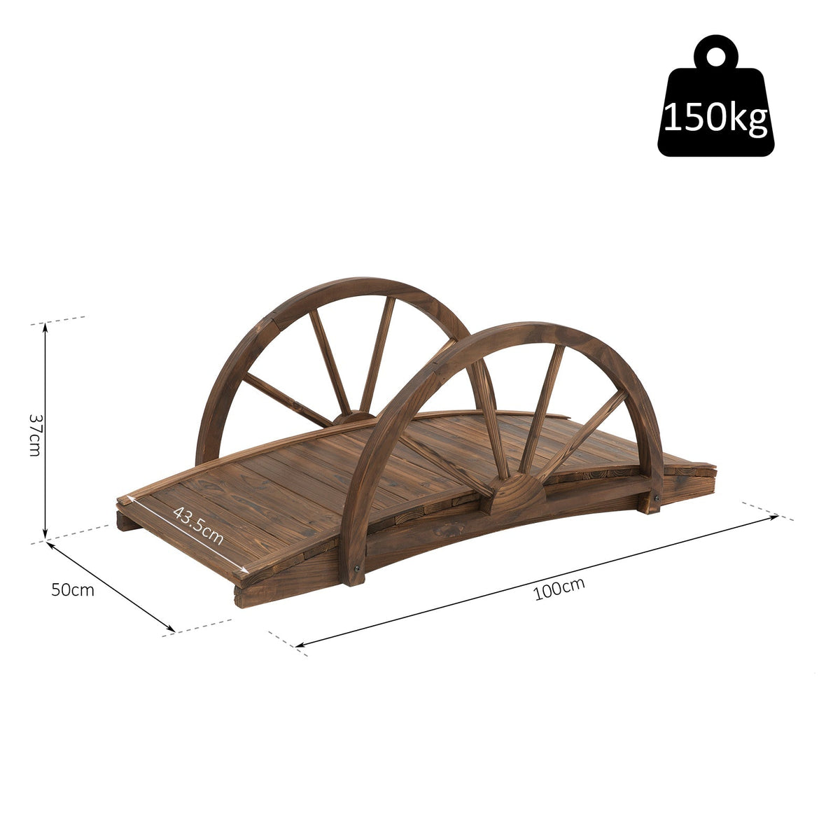 The wooden garden bridge with dimensions shown