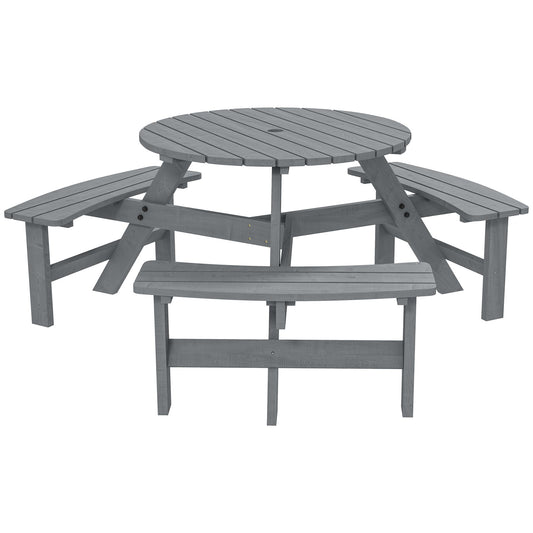 Outsunny Wooden Garden Dining Set, a grey round picnic table with attached benches