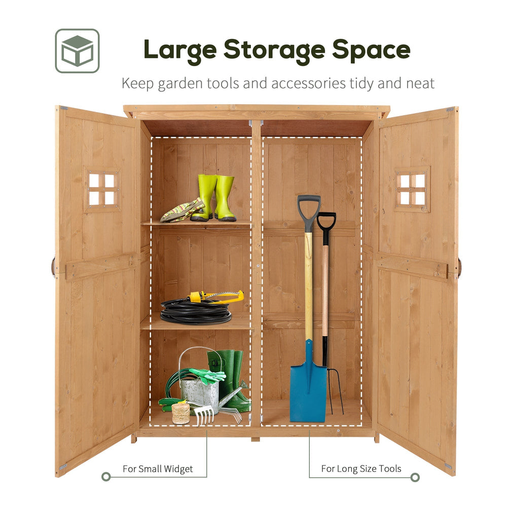 Inside the garden shed, showing two shelves and organised garden tools and accessories