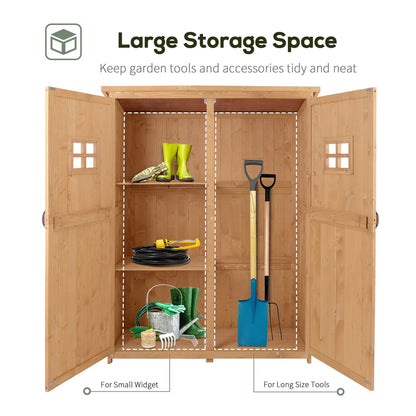 Inside the garden shed, showing two shelves and organised garden tools and accessories