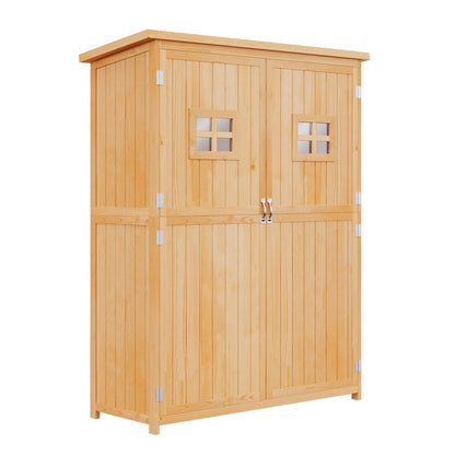 Outsunny Wooden Garden Shed with Two Windows, a natural wood storage cabinet with double doors and two small square windows