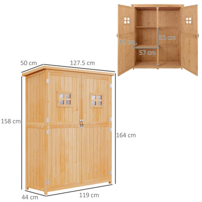 Dimensions of the wooden garden shed with two windows, showing height, width and depth measurements