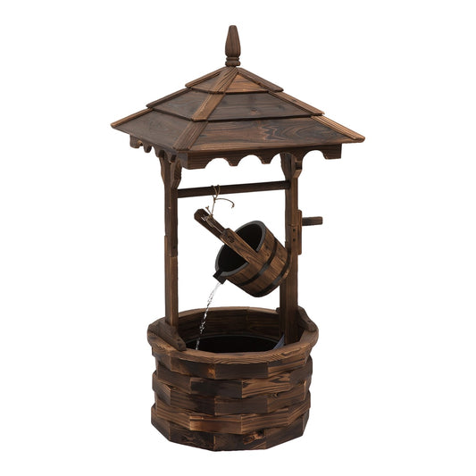 Outsunny Wooden Garden Wishing Well Fountain Barrel Waterfall Rustic Wood in Carbonized Wood Colour