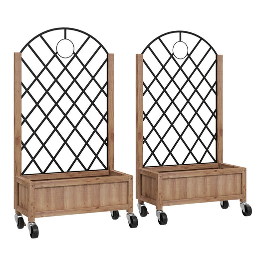Outsunny Wooden Planter with metal trellis, shown as a pair on wheels