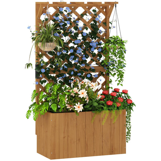 Outsunny Wooden Planter with Trellis filled with various colourful flowers and hanging baskets