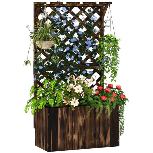 Outsunny Wooden Planter with Trellis filled with various colourful flowers and hanging plants