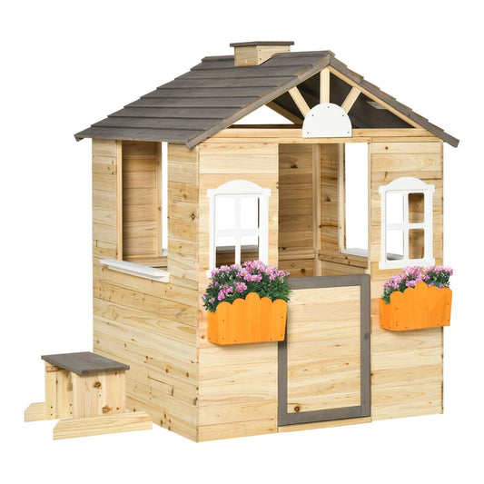 Outsunny Wooden Playhouse with windows, door, bench and flowerpot holder