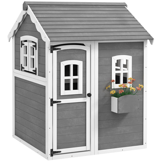 Outsunny Wooden Playhouse for Kids with Doors in a grey finish with white trim and a flower box