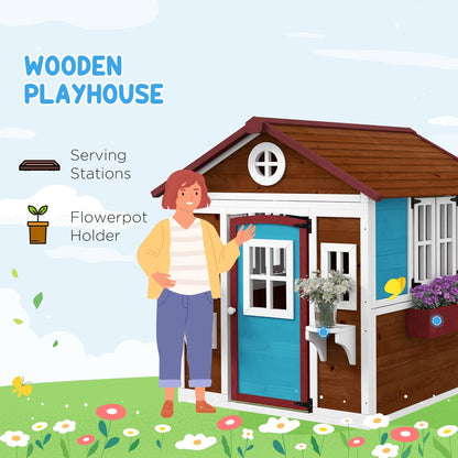 The wooden playhouse shown in a graphic with labels for the serving stations and flowerpot holder