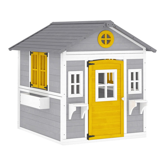 Outsunny Wooden Playhouse with Doors featuring a grey roof, yellow door and window shutters