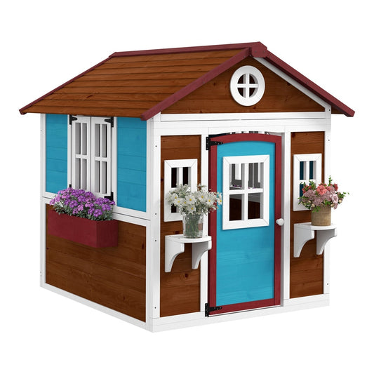Outsunny Wooden Playhouse with Doors featuring blue panels, flower boxes and a brown roof