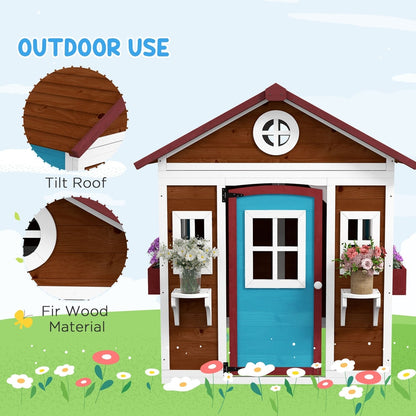The wooden playhouse with circular insets highlighting the roof angle and wood texture