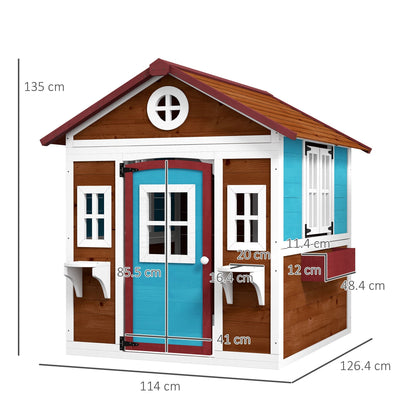 The wooden playhouse with white lines and text indicating the external dimensions
