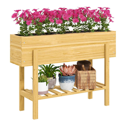 Outsunny Wooden Raised Garden Bed filled with pink flowers and pots on the lower shelf
