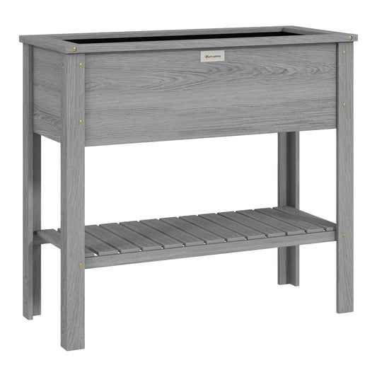 Outsunny Wooden Raised Garden Bed in grey with a lower storage shelf and four sturdy legs