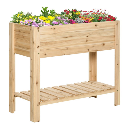 Outsunny Wooden Raised Plant Stand with flowers planted in the top section and a slatted shelf below