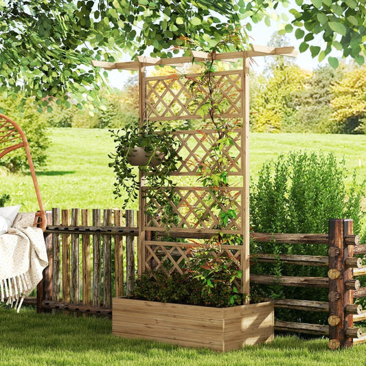 The wooden trellis planter box in a garden setting with a swing chair and wooden fence