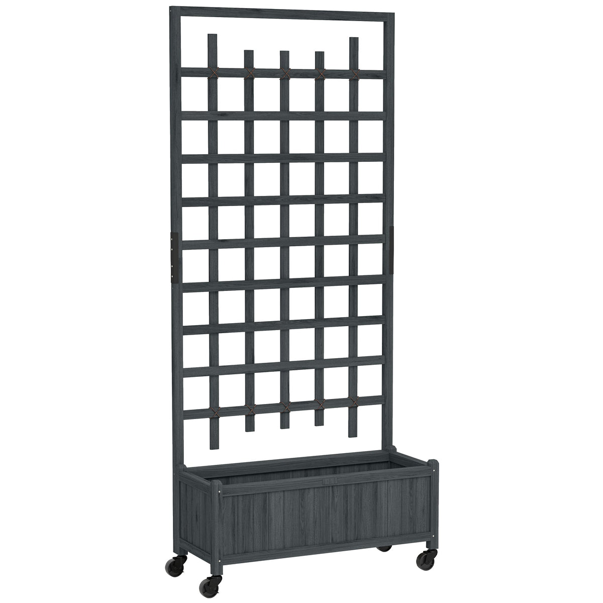 Outsunny Wooden Trellis Planter, a grey wooden planter with a tall trellis on wheels