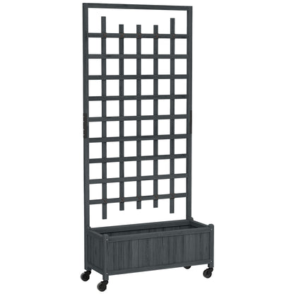 Outsunny Wooden Trellis Planter, a grey wooden planter with a tall trellis on wheels