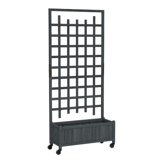Outsunny Wooden Trellis Planter, a grey wooden planter with a tall trellis on wheels