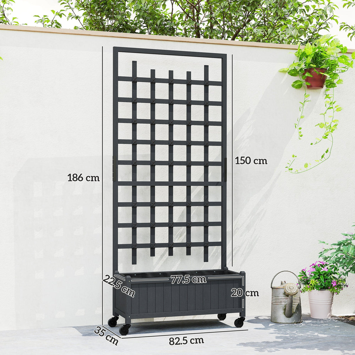 A grey wooden planter with trellis showing dimensions and wheels