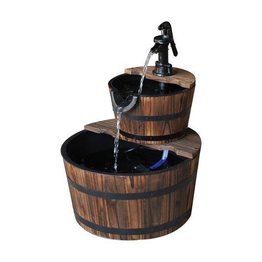 Outsunny Wooden Water Pump Fountain, a two-tier water feature with a black pump on top