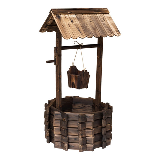 Outsunny Wooden Wishing Well Planter with a hanging bucket and a roof on a white background