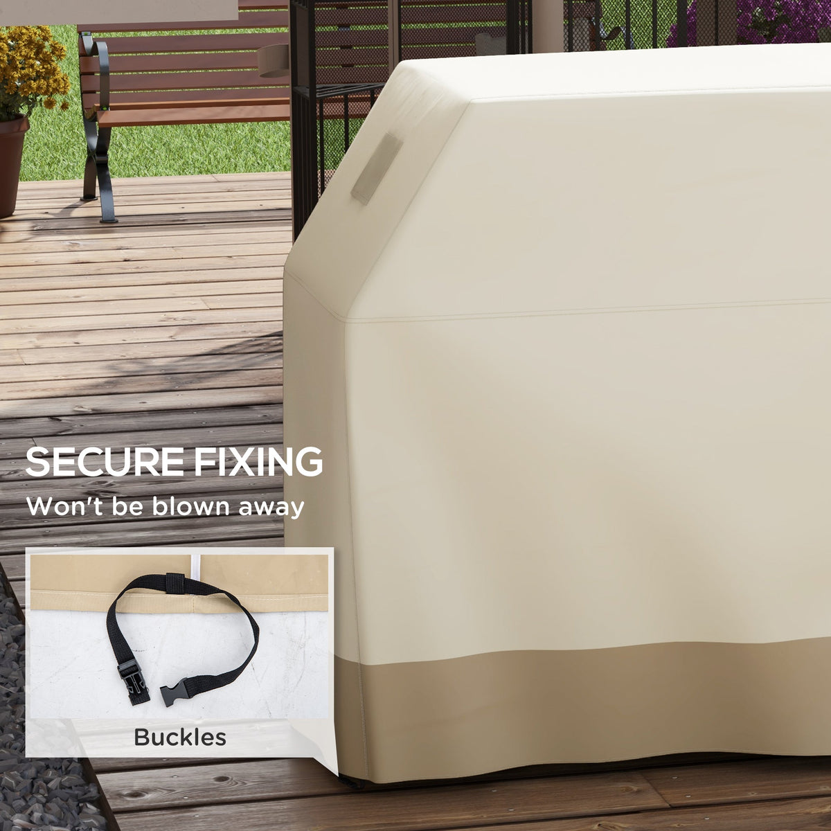 A close up of the beige protective grill cover showing the secure fixing buckles for windy weather