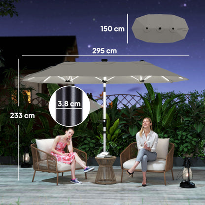 مظلة فناء مزدوجة الجوانب Outsunny بطول 3 متر مع مصابيح LED تعمل بالطاقة الشمسية، مظلة شمسية كبيرة جدًا للاستخدام في الهواء الطلق مع مقبض تدوير، رمادية