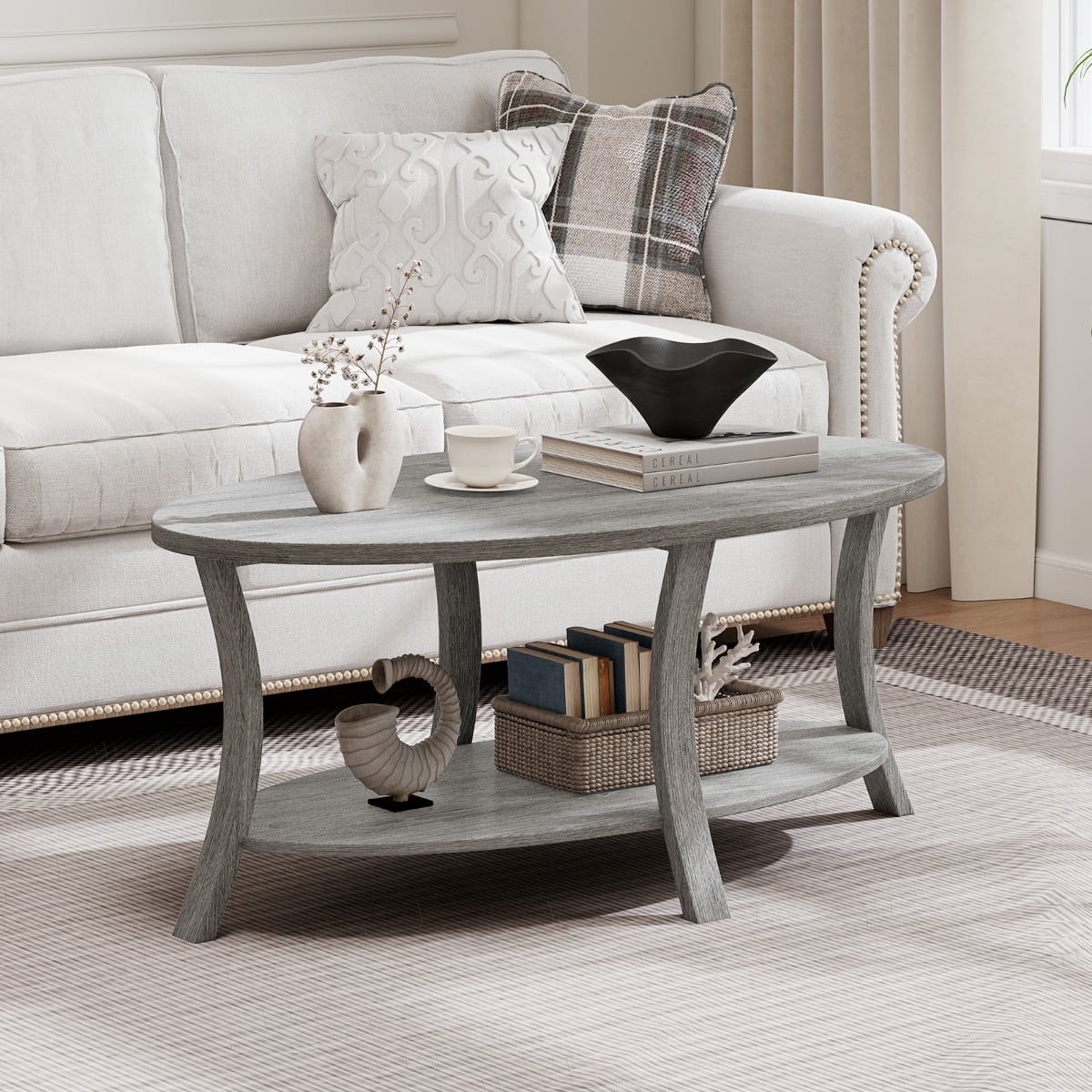 Oval Coffee Table 2-Tier Center Table with Storage Shelf-Grey