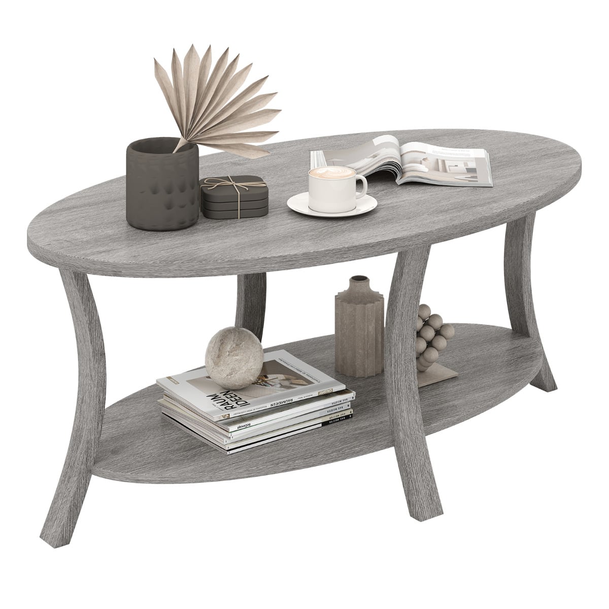Oval Coffee Table 2-Tier Center Table with Storage Shelf-Grey