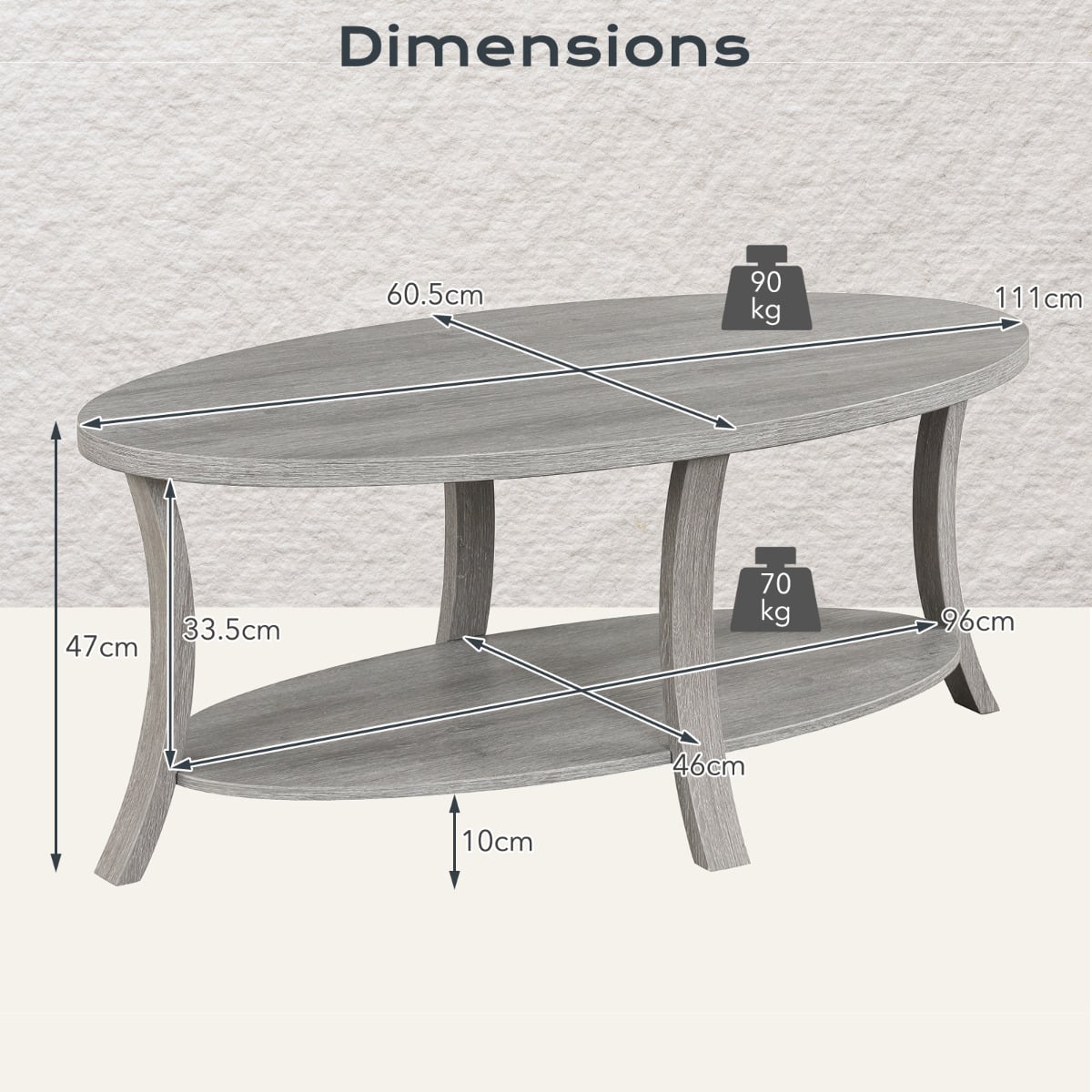 Oval Coffee Table 2-Tier Center Table with Storage Shelf-Grey