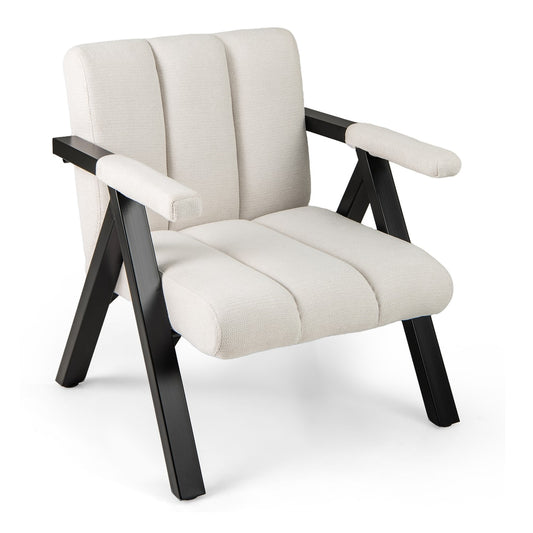 Oversized Accent Chair Upholstered with Metal Frame and Armrests in white fabric with black metal legs