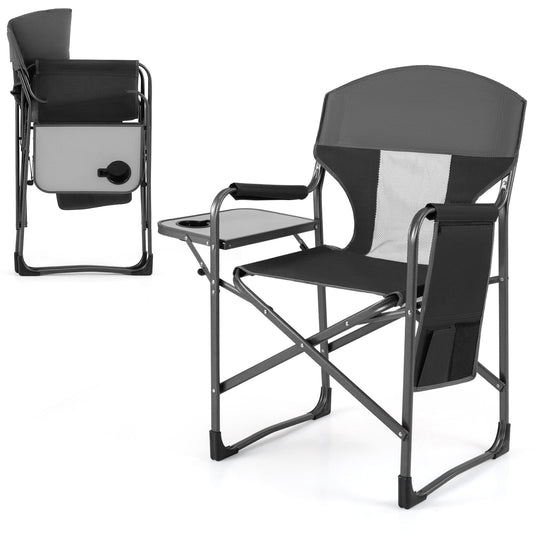 Oversized Padded Folding Camping Chair with Side Table in black, shown folded with the side table extended