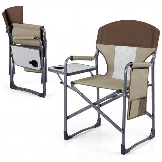 Oversized Padded Folding Camping Chair with Side Table shown both folded and fully assembled