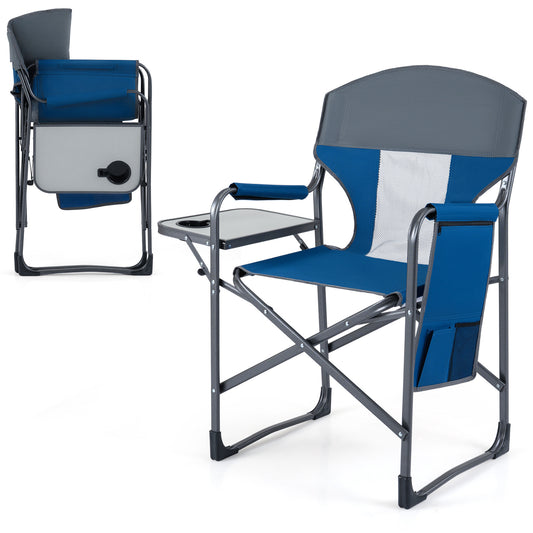 Oversized Padded Folding Camping Chair with Side Table shown folded and unfolded in navy and grey