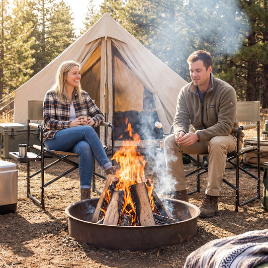 Two adults relaxing by a campfire in front of a tent, each seated in a brown camping chair