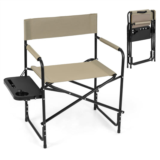 Oversized Portable Directors Chair with side table and cup holder in brown