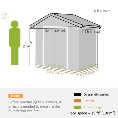 Outsunny 6.5ft x 3.5ft Metal Garden Storage Shed for Outdoor Tool Storage with Double Sliding Doors and 4 Vents, Grey