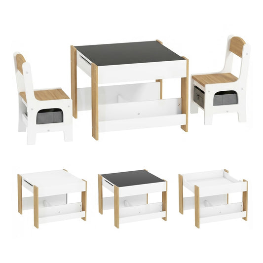 HOMCOM Three-Piece Kids Table and Chair Set with Blackboard in a Natural Wood Finish