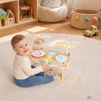 AIYAPLAY Kids Drum Kit, Wooden Musical Instruments with Xylophone, 2 Drums, Cymbal, Shaker, Wood Block, Gift for 18 M-6 Years