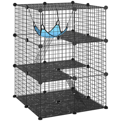 PawHut Indoor Cat Cage DIY Customizable 3-Tier Indoor Cat Enclosure with 3 Doors and Hammock 105 cm Black