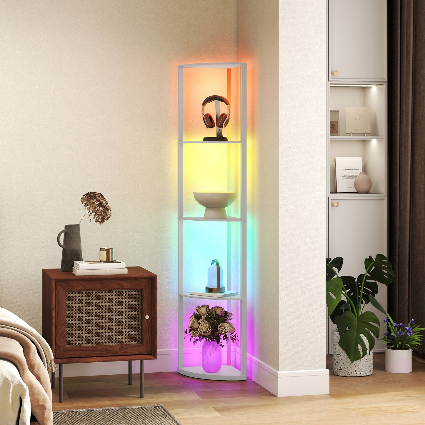مصباح أرضي LED RGB من HOMCOM مع أرفف، مصباح قائم خافت بـ 5 مستويات سطوع قابل للتعديل وجهاز تحكم عن بعد، وحدة رف عرض زاوية عصرية لغرفة المعيشة وغرفة النوم والمكتب، رمادي