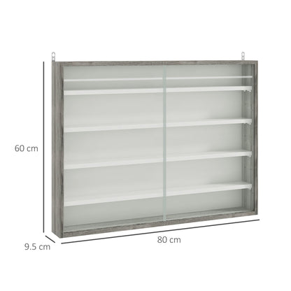 HOMCOM 5-Tier Wall Display Shelf Unit Cabinet w/ 4 Adjustable Shelves Glass Doors Home Office Ornaments 60x80cm Grey Wood Grain