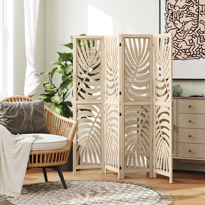 HOMCOM 4 Panel Privacy Screens, Detachable Folding Room Divider with Palm Leaf Design for Home Office, Natural Wood Finish
