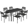 Outsunny Garden Dining Set for 6, Faux Wood Metal Outdoor Table and Stackable Chairs with Plastic Rattan Effect Seat, Black