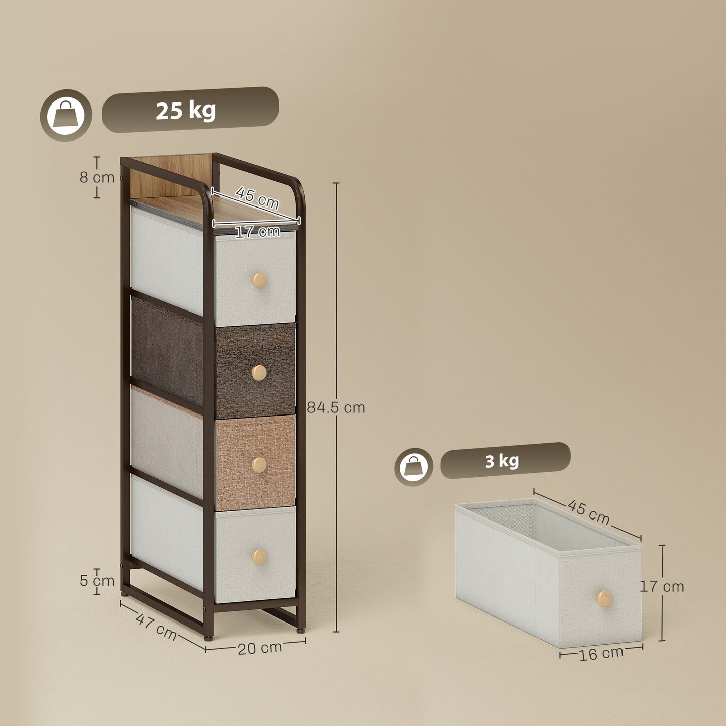 HOMCOM 4-Drawer Storage Organiser Unit, Chest of Drawers with Steel Frame for Bedroom, Living Room, Mixed-Brown