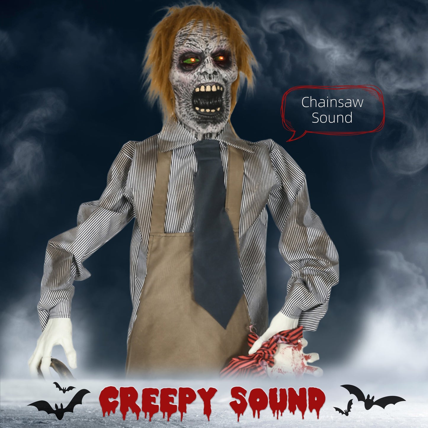 HOMCOM 5.5ft Life Size Halloween Animatronic Standing Chainsaw Killer, with Light Up Eyes, Sound Activated Moving Body, Scary Halloween Decorations, Battery Operated, Indoor Party Props